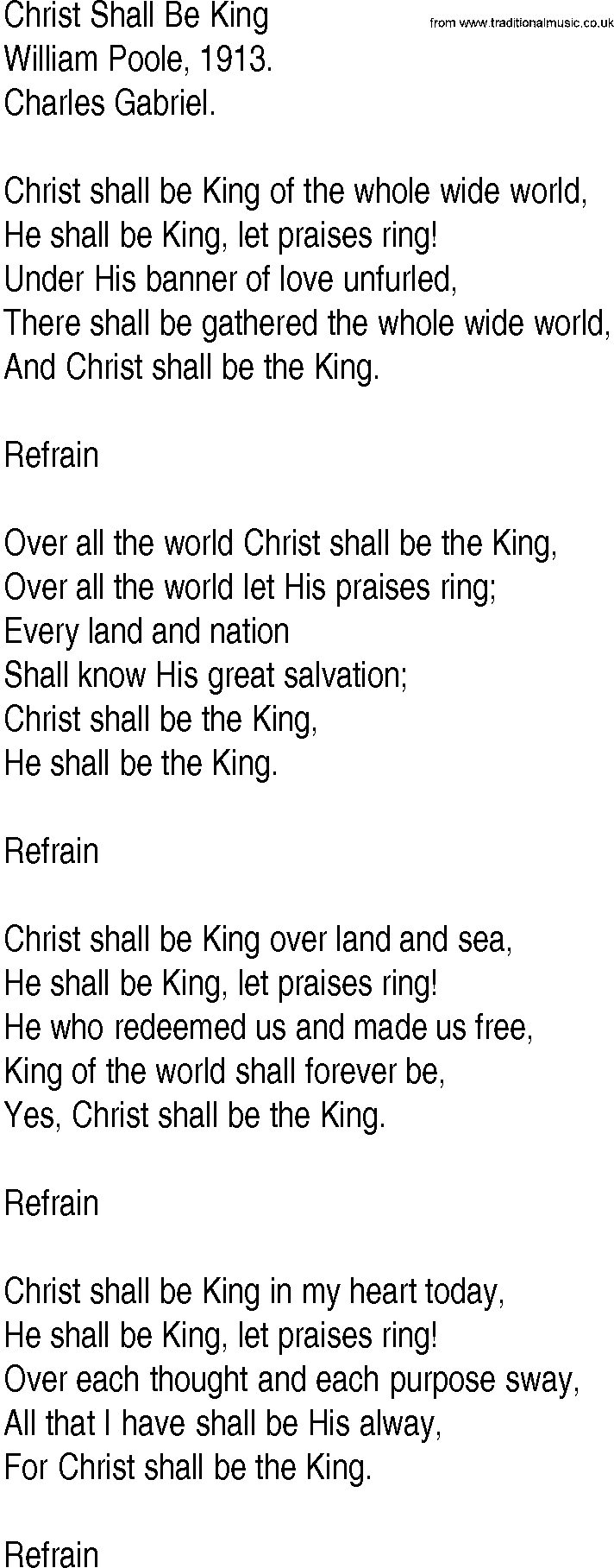 Hymn and Gospel Song: Christ Shall Be King by William Poole lyrics