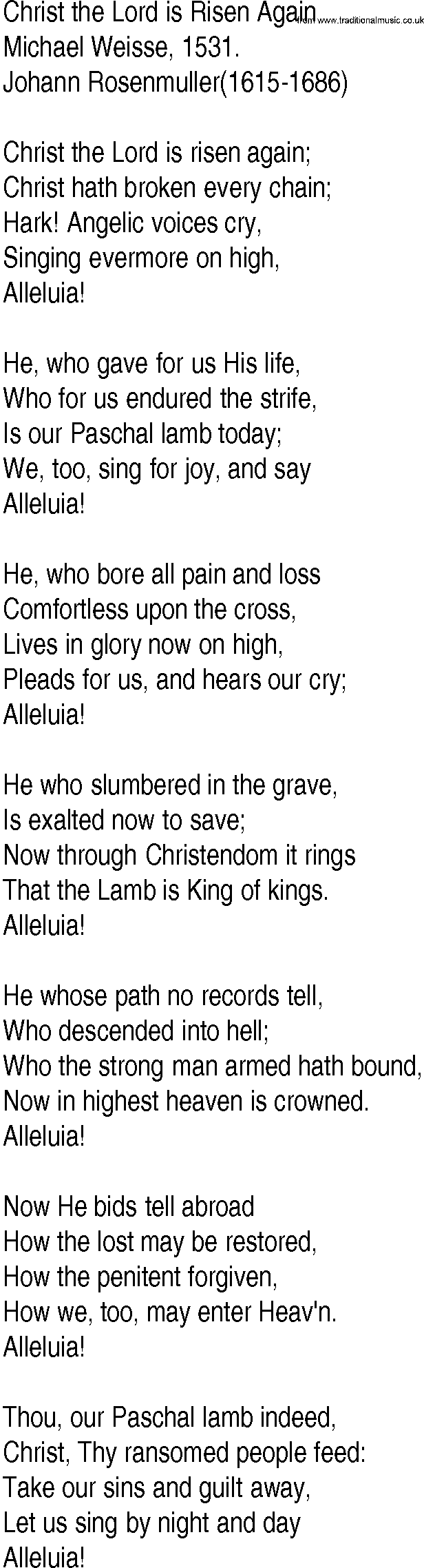 Hymn and Gospel Song: Christ the Lord is Risen Again by Michael Weisse lyrics