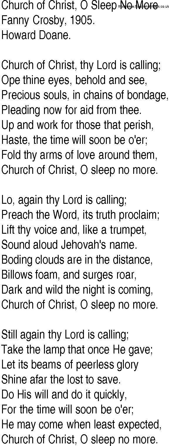 Hymn and Gospel Song: Church of Christ, O Sleep No More by Fanny Crosby lyrics