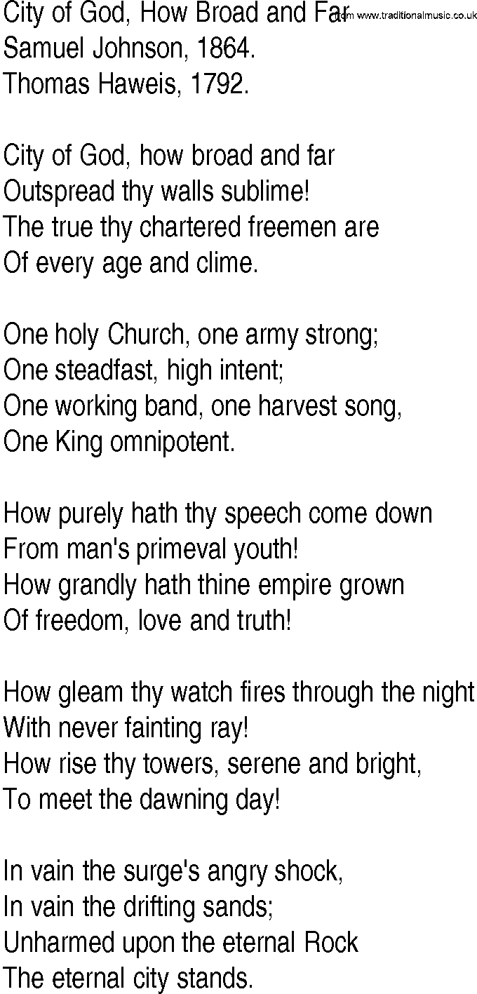 Hymn and Gospel Song: City of God, How Broad and Far by Samuel Johnson lyrics