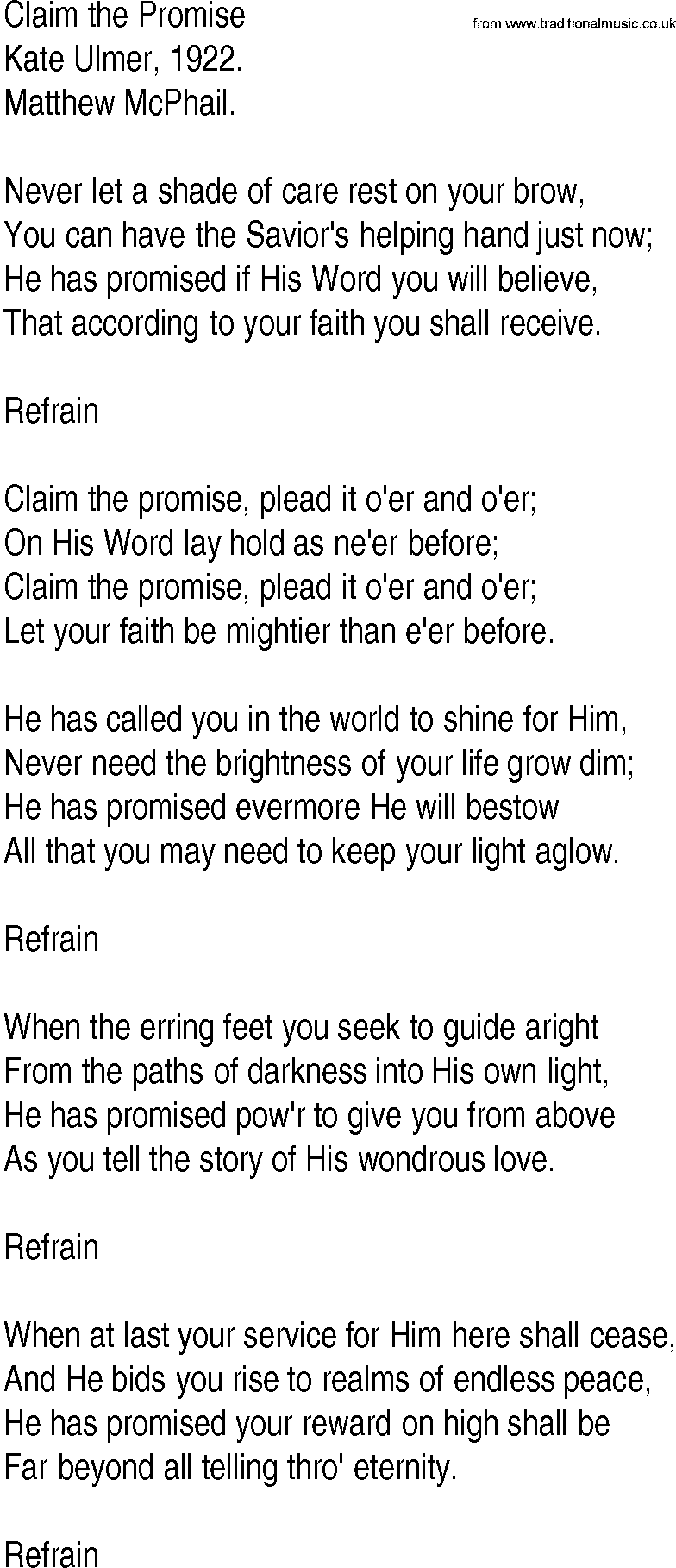Hymn and Gospel Song: Claim the Promise by Kate Ulmer lyrics