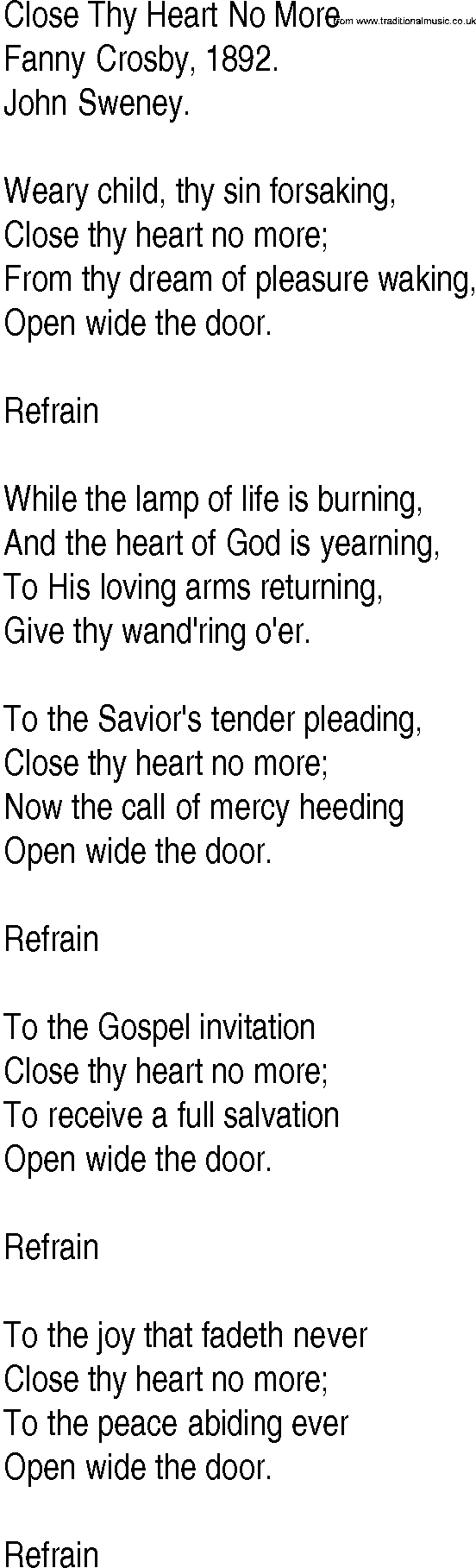 Hymn and Gospel Song: Close Thy Heart No More by Fanny Crosby lyrics