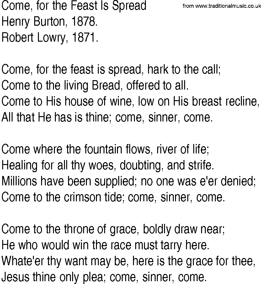 Hymn and Gospel Song: Come, for the Feast Is Spread by Henry Burton lyrics