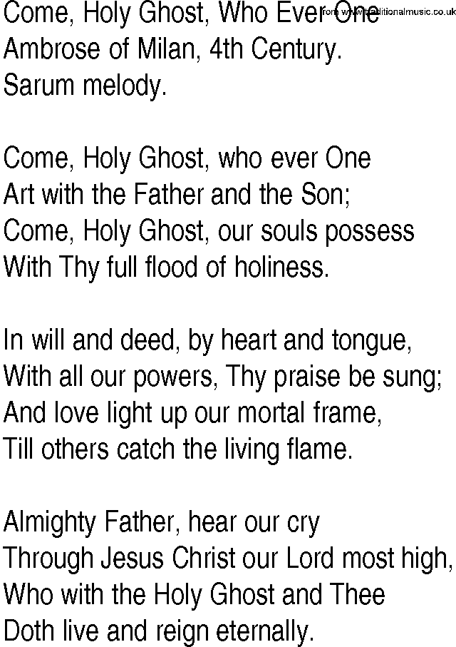 Hymn and Gospel Song: Come, Holy Ghost, Who Ever One by Ambrose of Milan th Century lyrics