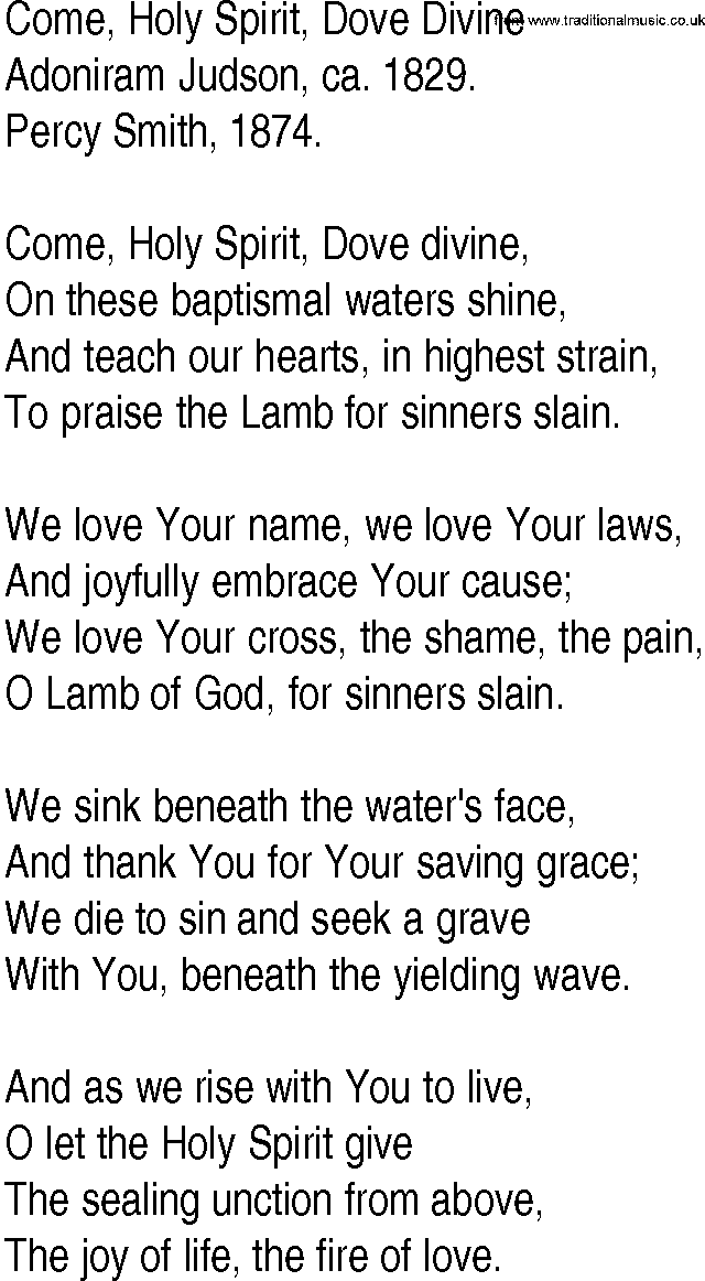 Hymn and Gospel Song: Come, Holy Spirit, Dove Divine by Adoniram Judson lyrics