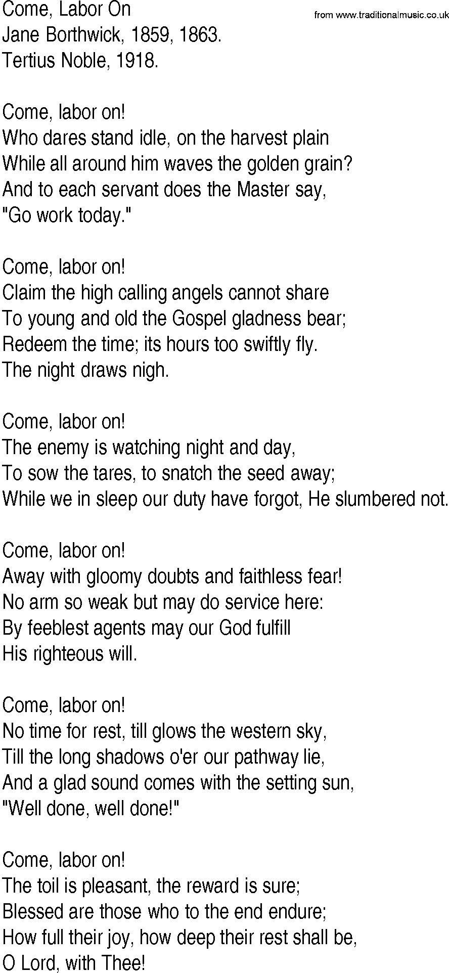Hymn and Gospel Song: Come, Labor On by Jane Borthwick lyrics