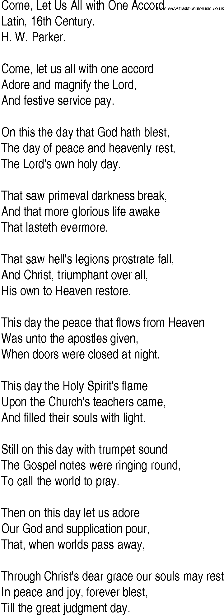 Hymn and Gospel Song: Come, Let Us All with One Accord by Latin th Century lyrics