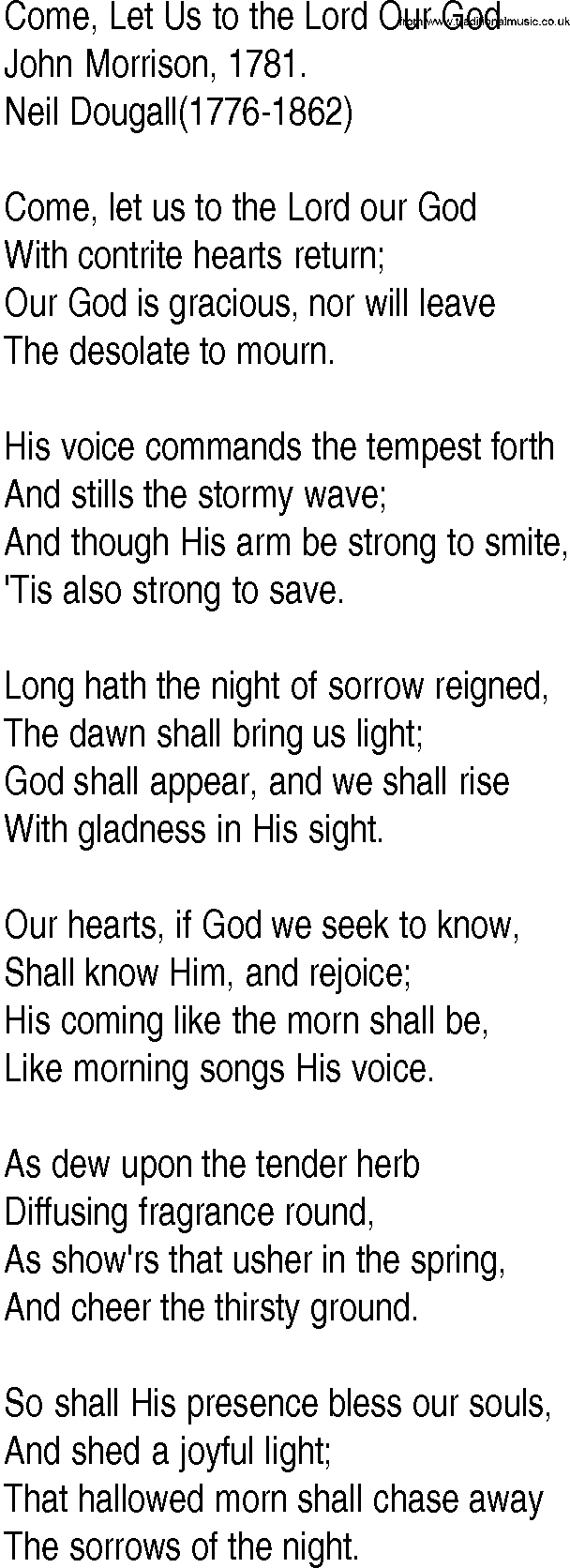 Hymn and Gospel Song: Come, Let Us to the Lord Our God by John Morrison lyrics