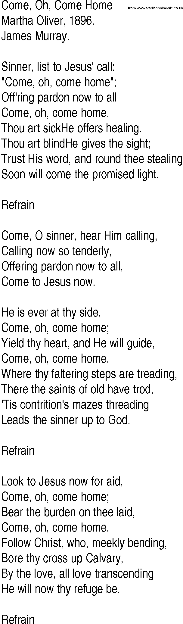 Hymn and Gospel Song: Come, Oh, Come Home by Martha Oliver lyrics
