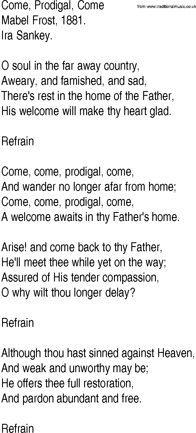 Hymn and Gospel Song: Come, Prodigal, Come by Mabel Frost lyrics