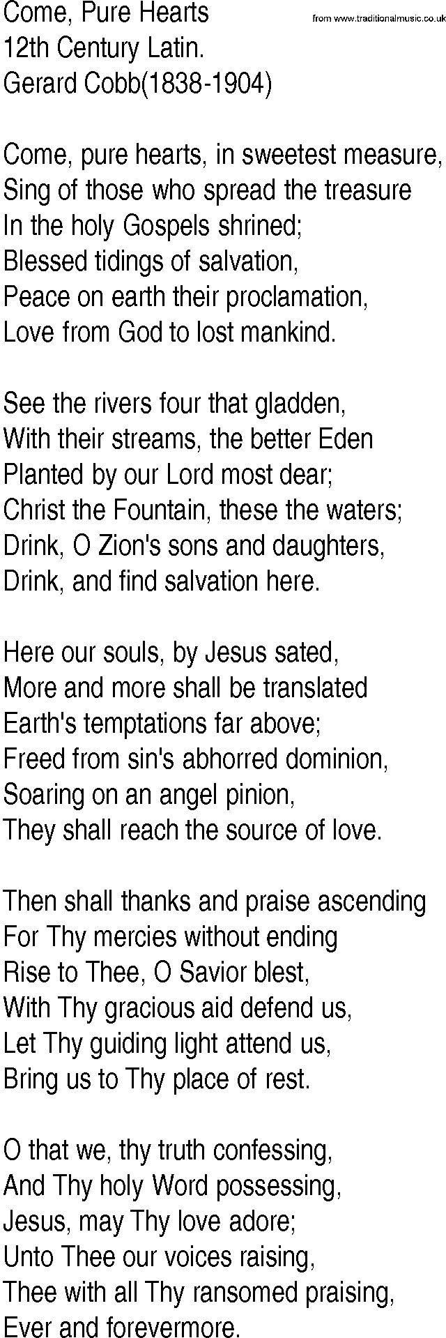 Hymn and Gospel Song: Come, Pure Hearts by th Century Latin lyrics