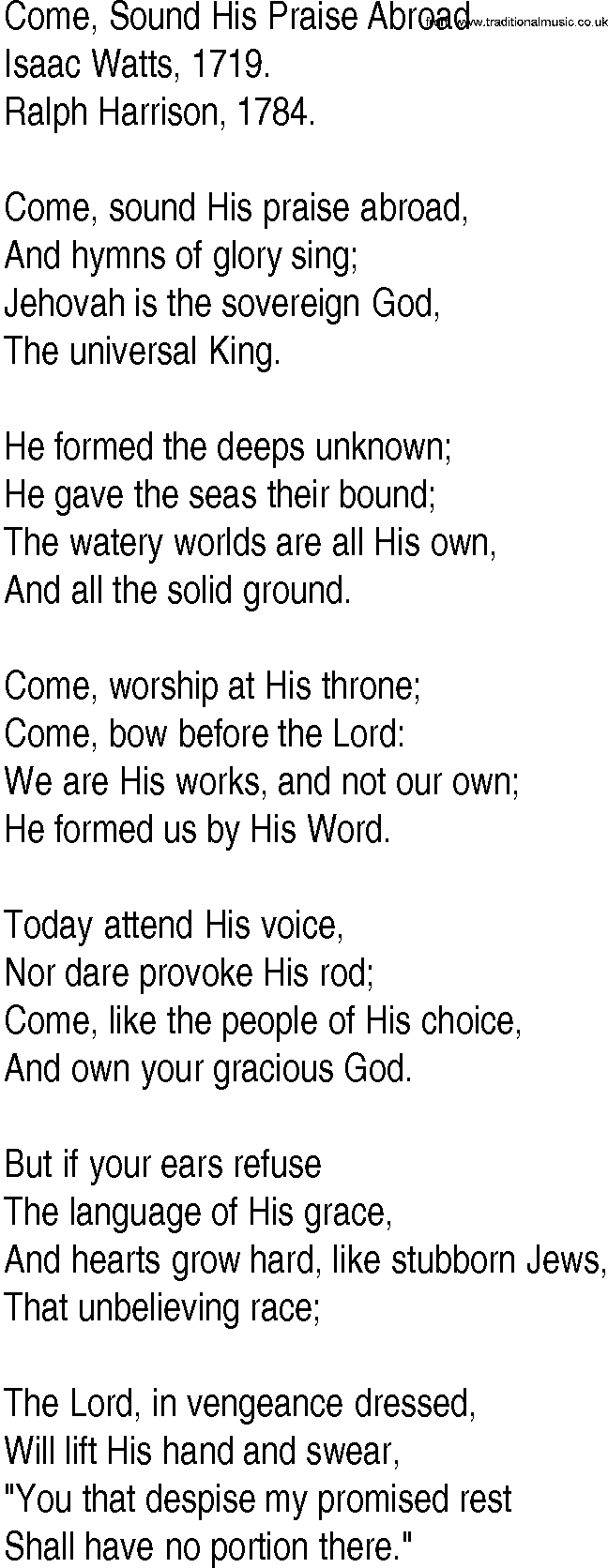 Hymn and Gospel Song: Come, Sound His Praise Abroad by Isaac Watts lyrics