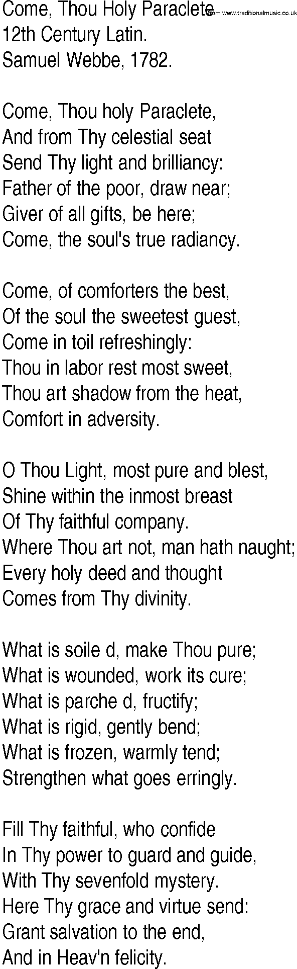 Hymn and Gospel Song: Come, Thou Holy Paraclete by th Century Latin lyrics