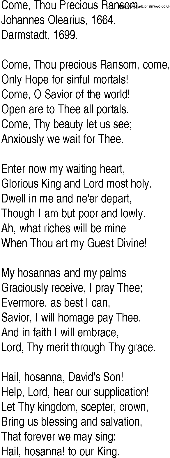 Hymn and Gospel Song: Come, Thou Precious Ransom by Johannes Olearius lyrics