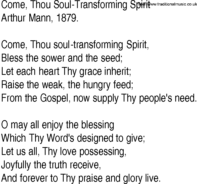 Hymn and Gospel Song: Come, Thou Soul-Transforming Spirit by Arthur Mann lyrics