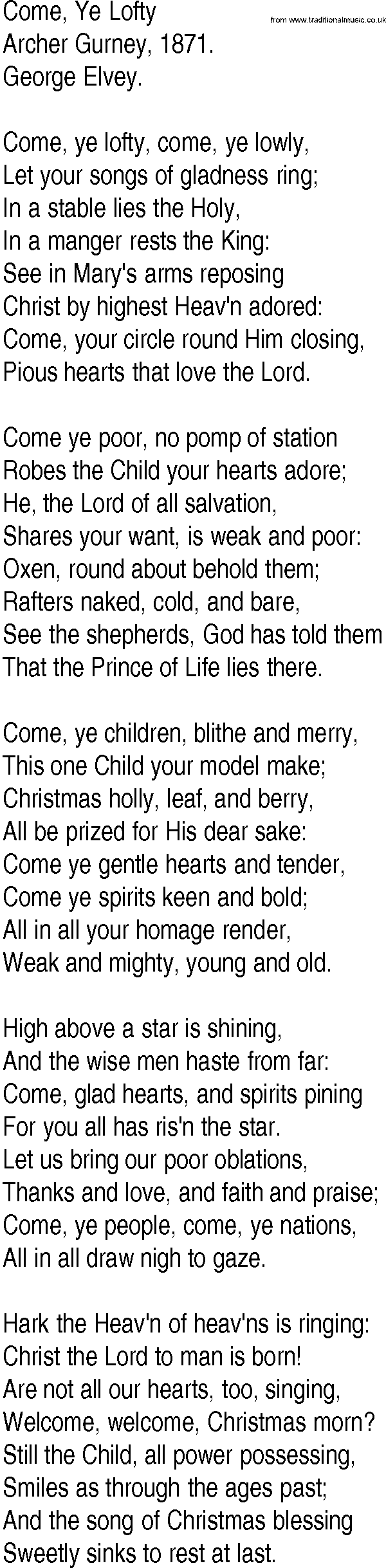 Hymn and Gospel Song: Come, Ye Lofty by Archer Gurney lyrics