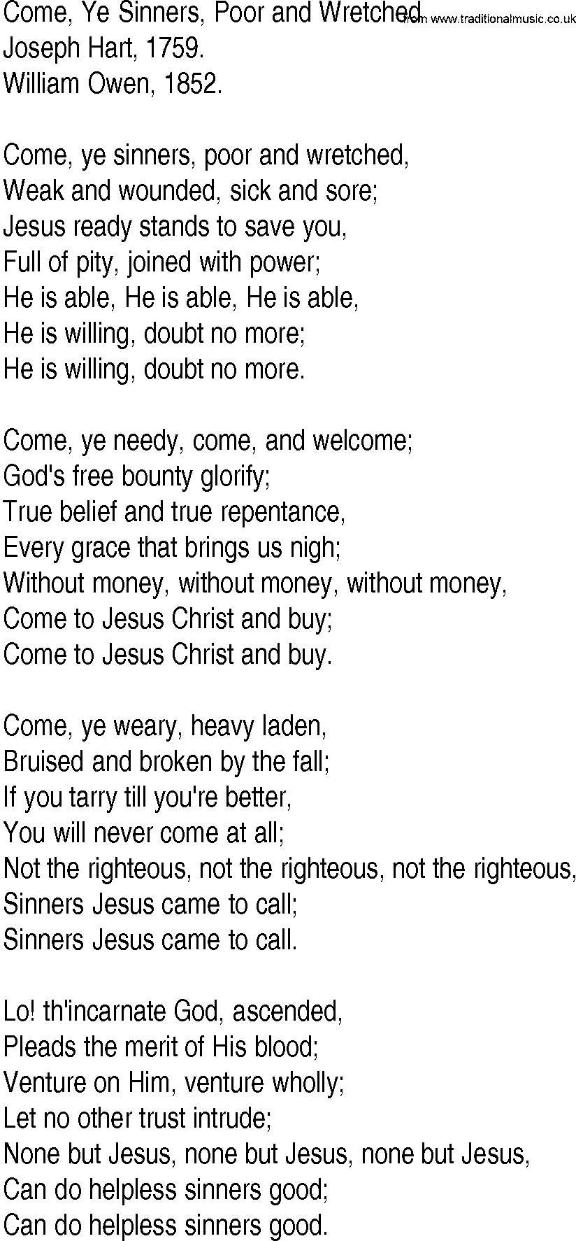 Hymn and Gospel Song: Come, Ye Sinners, Poor and Wretched by Joseph Hart lyrics