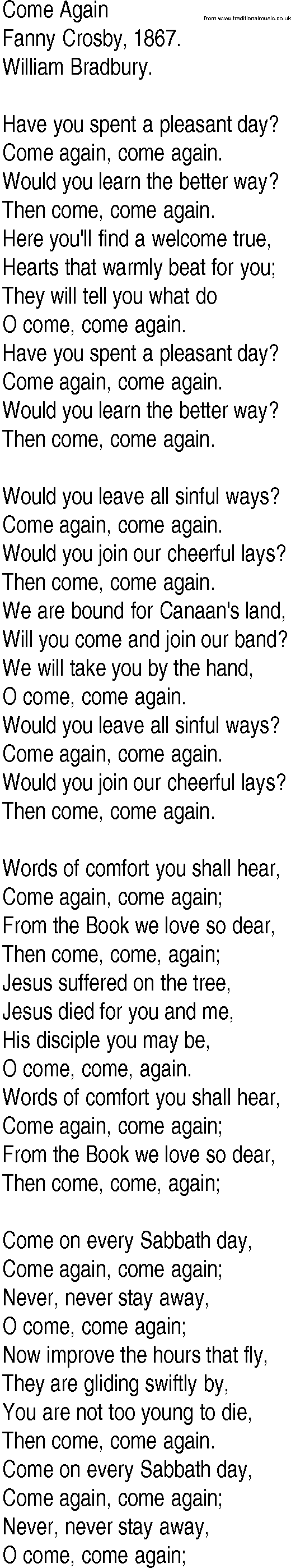 Hymn and Gospel Song: Come Again by Fanny Crosby lyrics