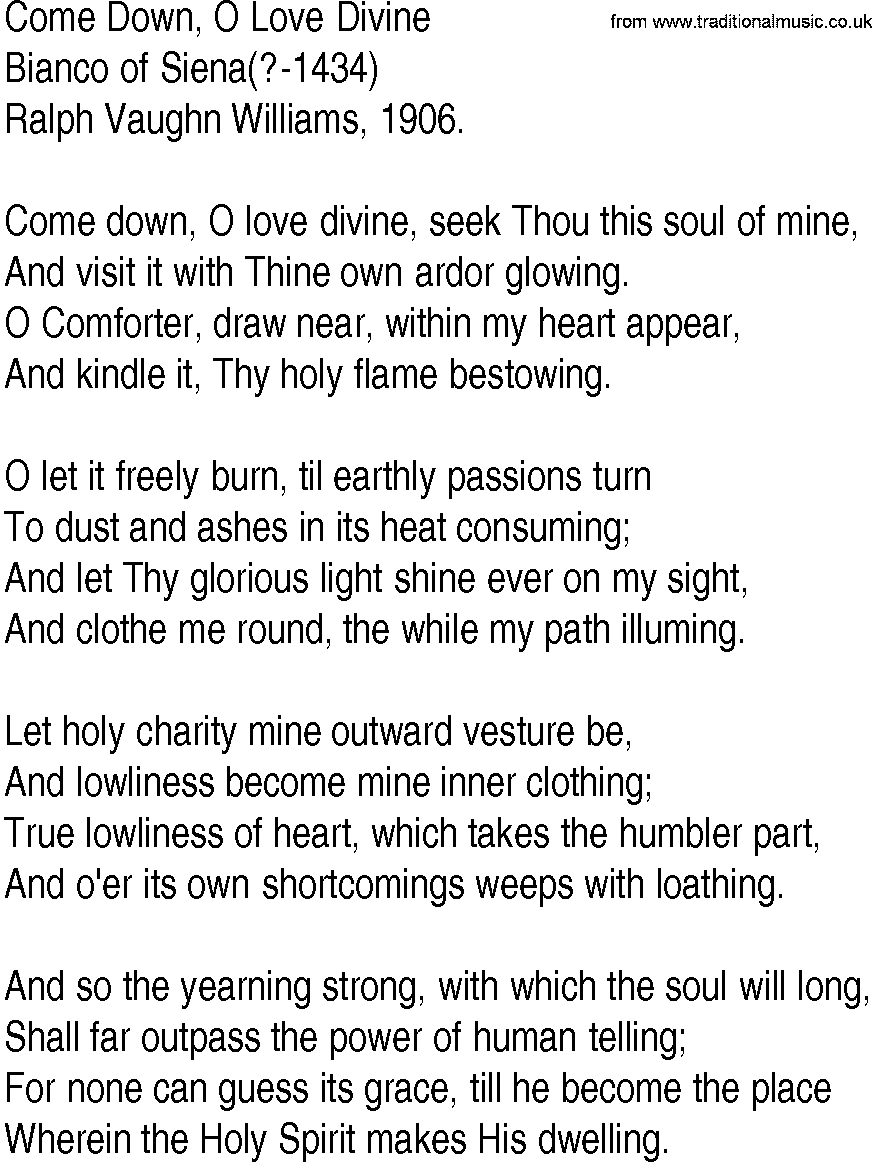 Hymn and Gospel Song: Come Down, O Love Divine by Bianco of Siena lyrics