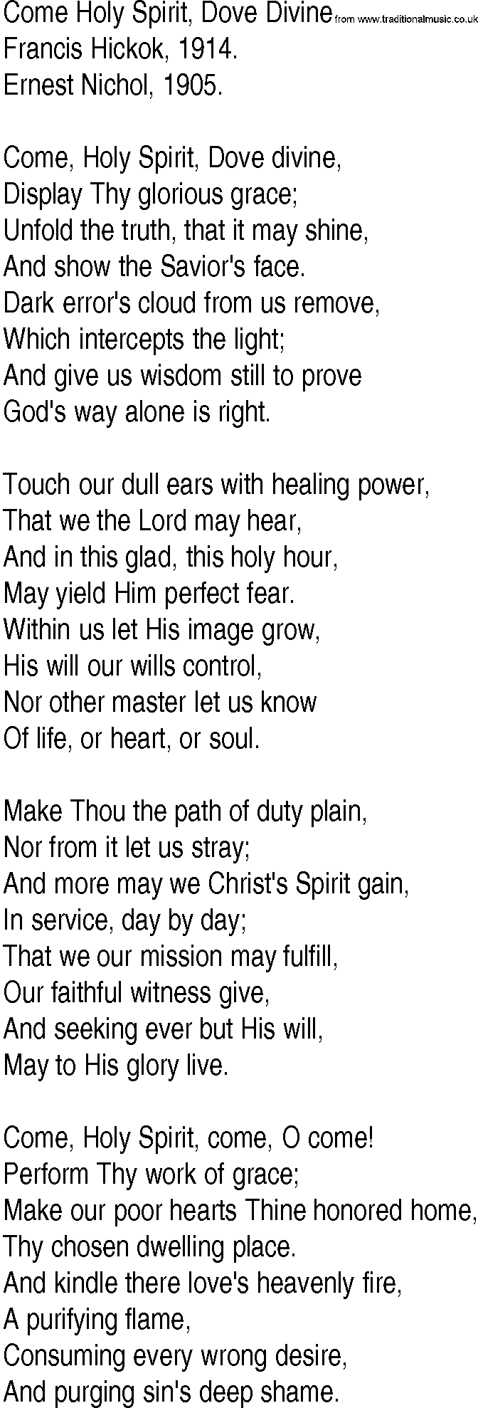 Hymn and Gospel Song: Come Holy Spirit, Dove Divine by Francis Hickok lyrics