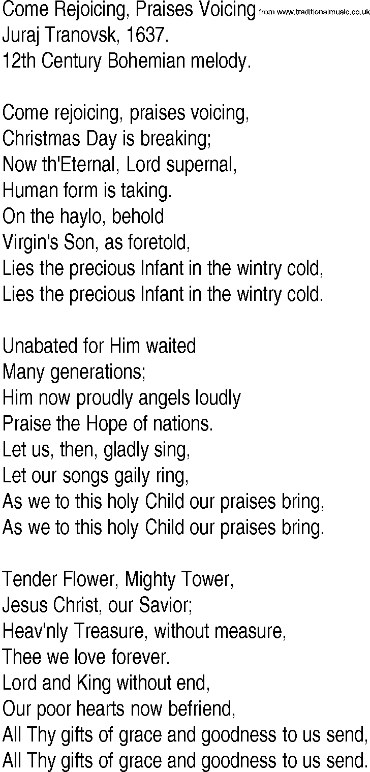 Hymn and Gospel Song: Come Rejoicing, Praises Voicing by Juraj Tranovska lyrics