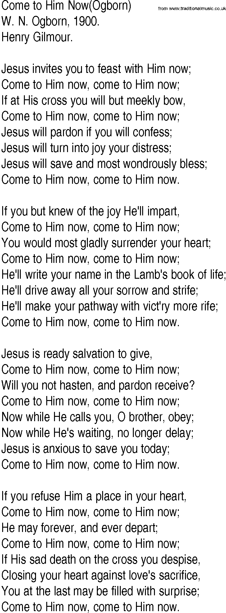 Hymn and Gospel Song: Come to Him Now(Ogborn) by W N Ogborn lyrics