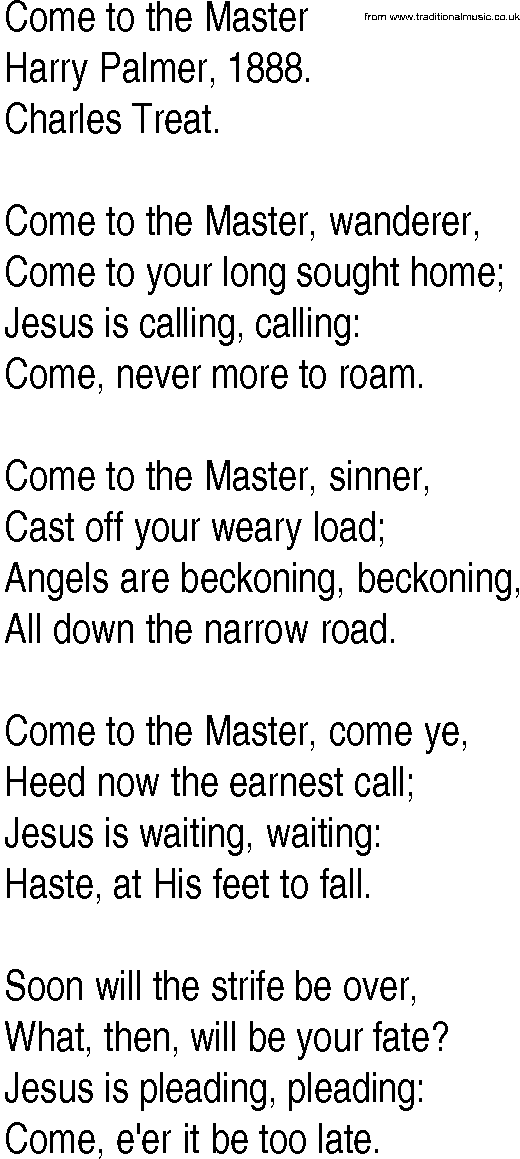 Hymn and Gospel Song: Come to the Master by Harry Palmer lyrics