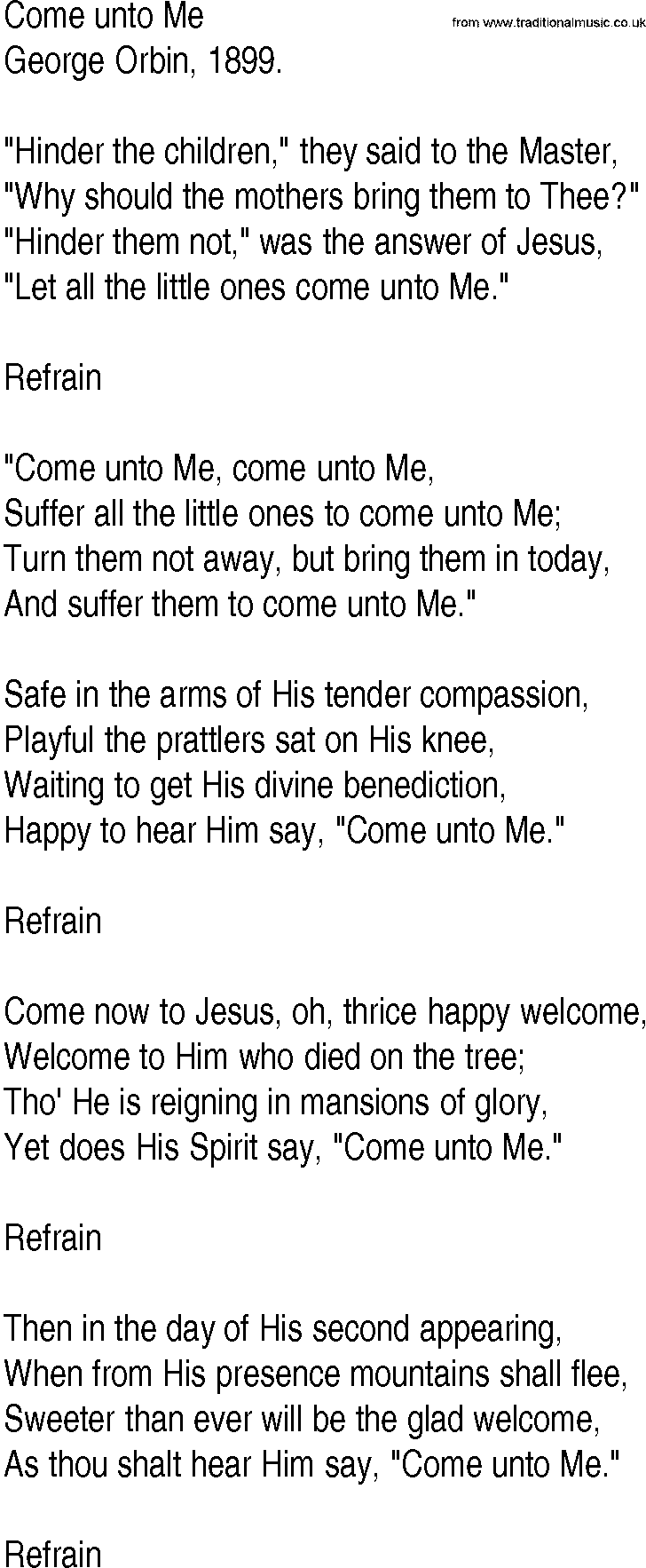 Hymn and Gospel Song: Come unto Me by George Orbin lyrics