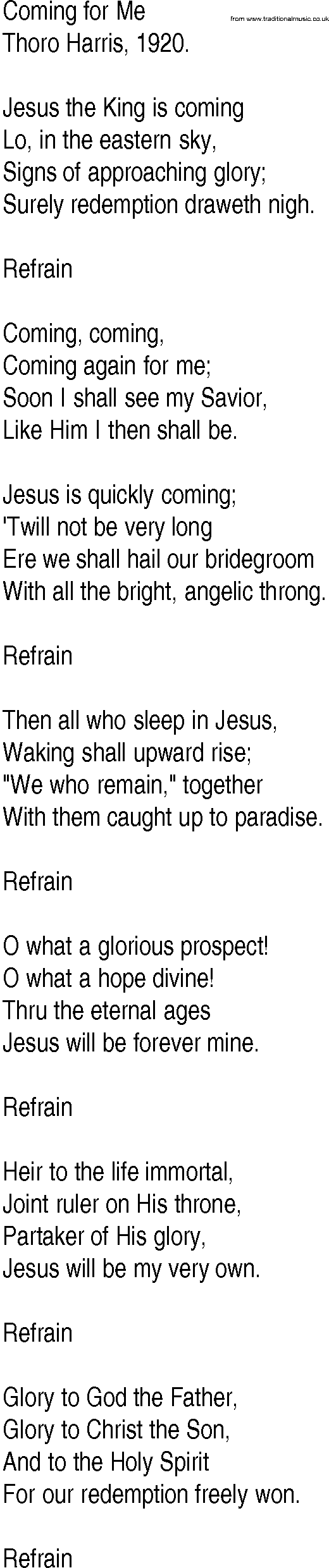 Hymn and Gospel Song: Coming for Me by Thoro Harris lyrics