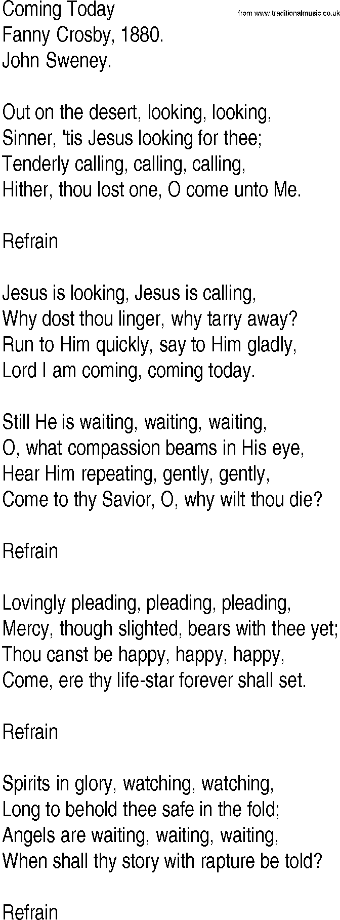 Hymn and Gospel Song: Coming Today by Fanny Crosby lyrics