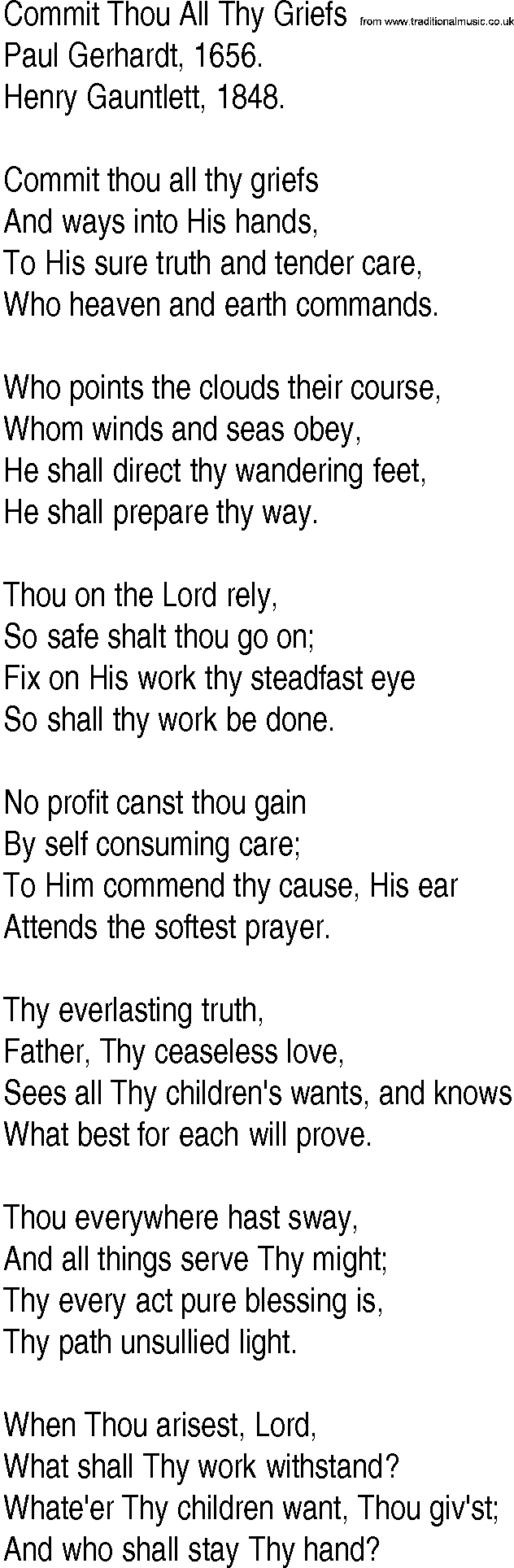 Hymn and Gospel Song: Commit Thou All Thy Griefs by Paul Gerhardt lyrics