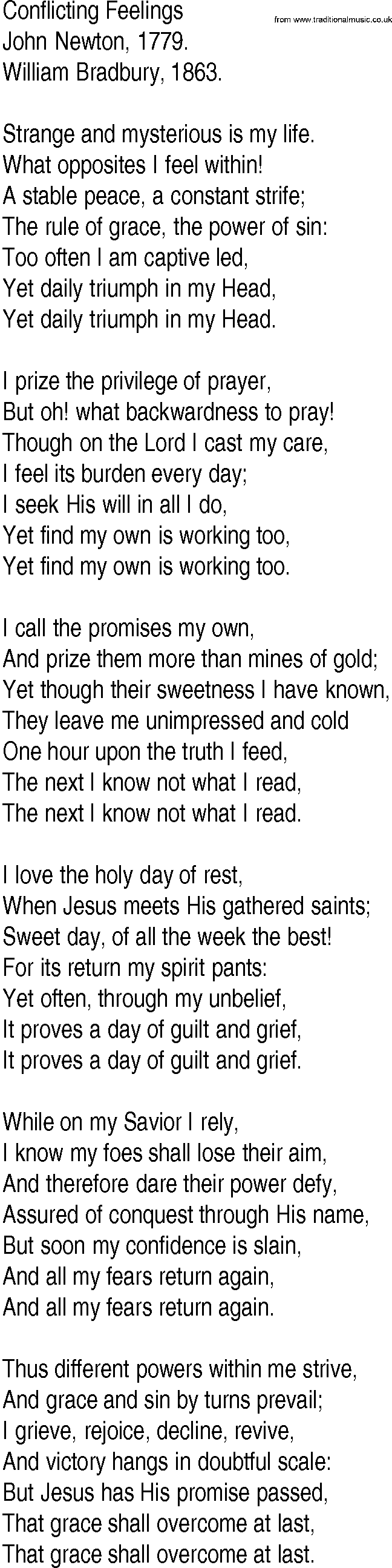 Hymn and Gospel Song: Conflicting Feelings by John Newton lyrics