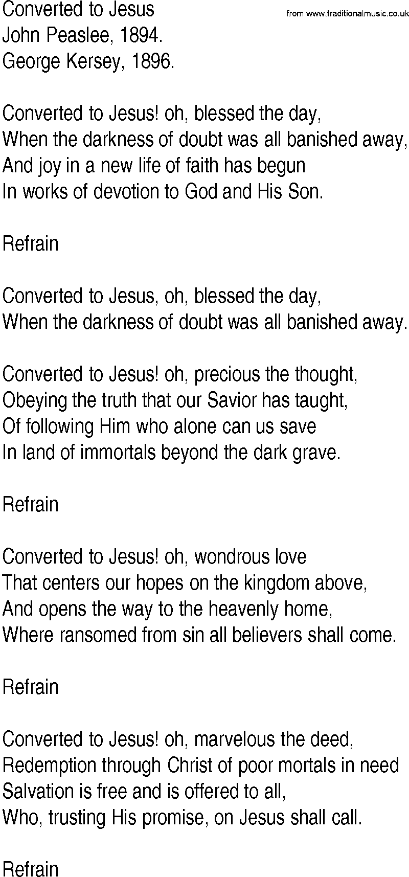 Hymn and Gospel Song: Converted to Jesus by John Peaslee lyrics