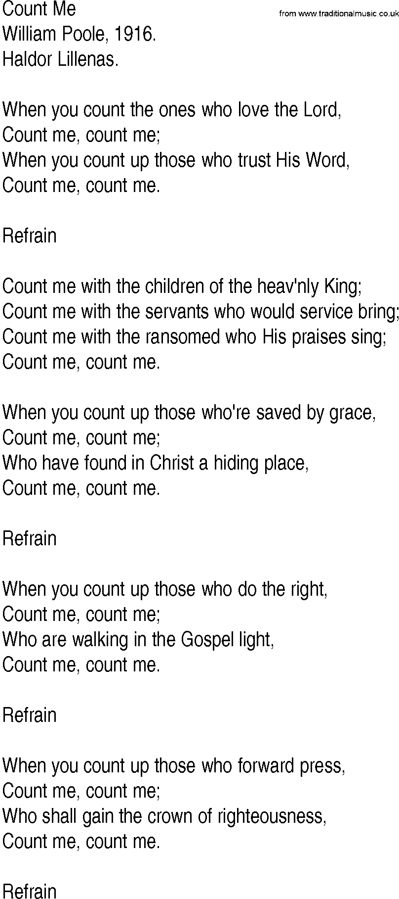 Hymn and Gospel Song: Count Me by William Poole lyrics
