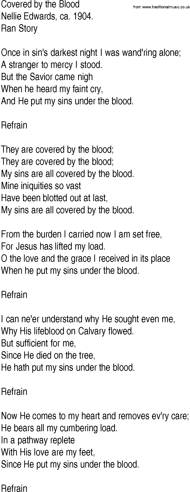 Hymn and Gospel Song: Covered by the Blood by Nellie Edwards ca lyrics