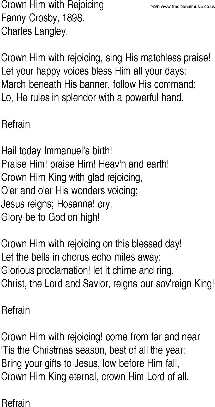 Hymn and Gospel Song: Crown Him with Rejoicing by Fanny Crosby lyrics