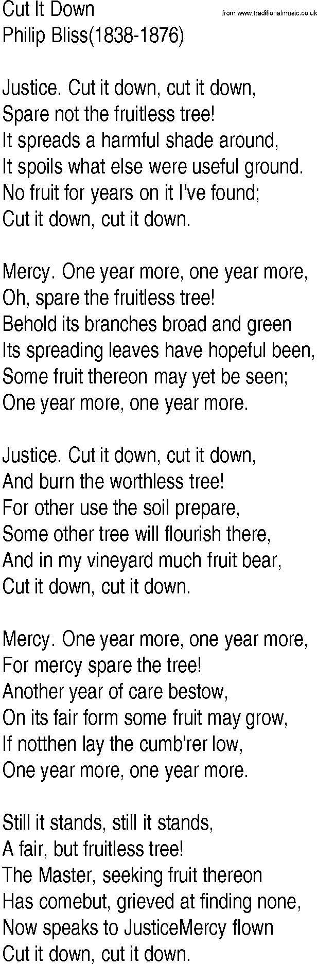 Hymn and Gospel Song: Cut It Down by Philip Bliss lyrics