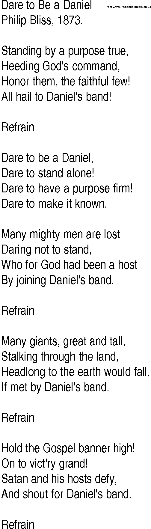 Hymn and Gospel Song: Dare to Be a Daniel by Philip Bliss lyrics
