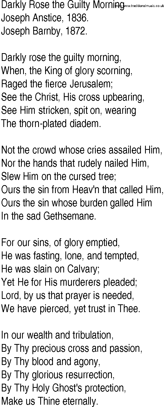 Hymn and Gospel Song: Darkly Rose the Guilty Morning by Joseph Anstice lyrics