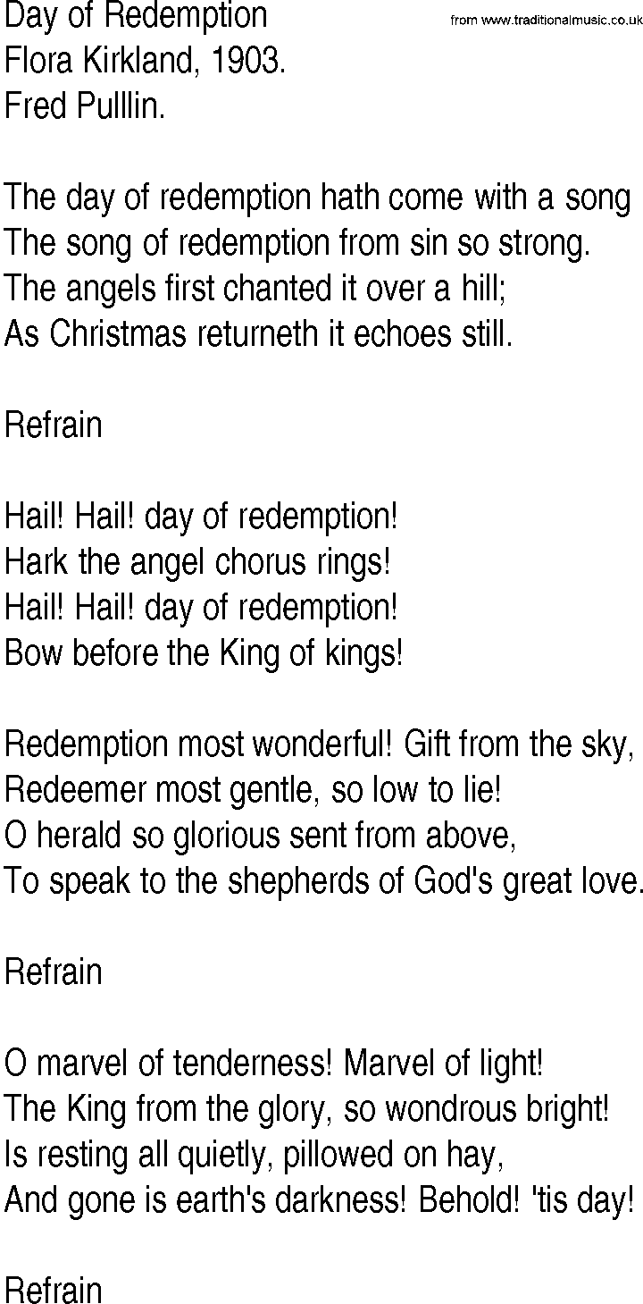 Hymn and Gospel Song: Day of Redemption by Flora Kirkland lyrics