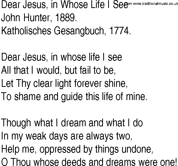 Hymn and Gospel Song: Dear Jesus, in Whose Life I See by John Hunter lyrics