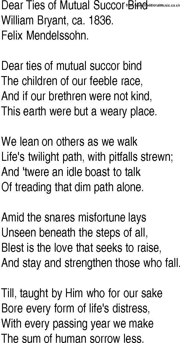 Hymn and Gospel Song: Dear Ties of Mutual Succor Bind by William Bryant ca lyrics