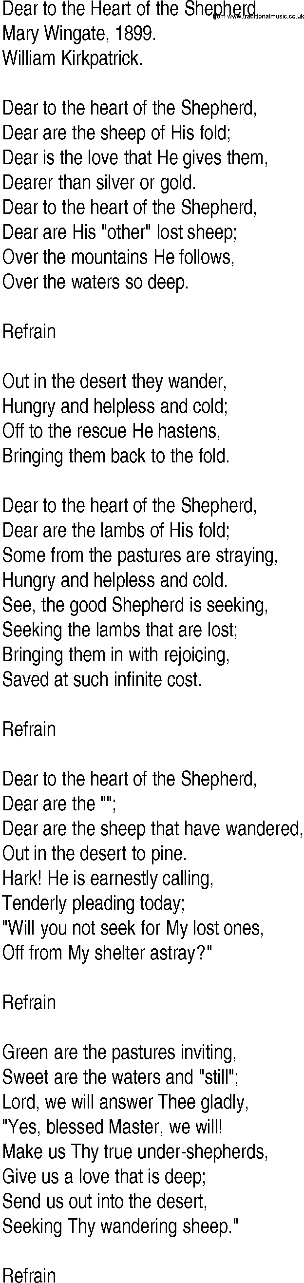 Hymn and Gospel Song: Dear to the Heart of the Shepherd by Mary Wingate lyrics