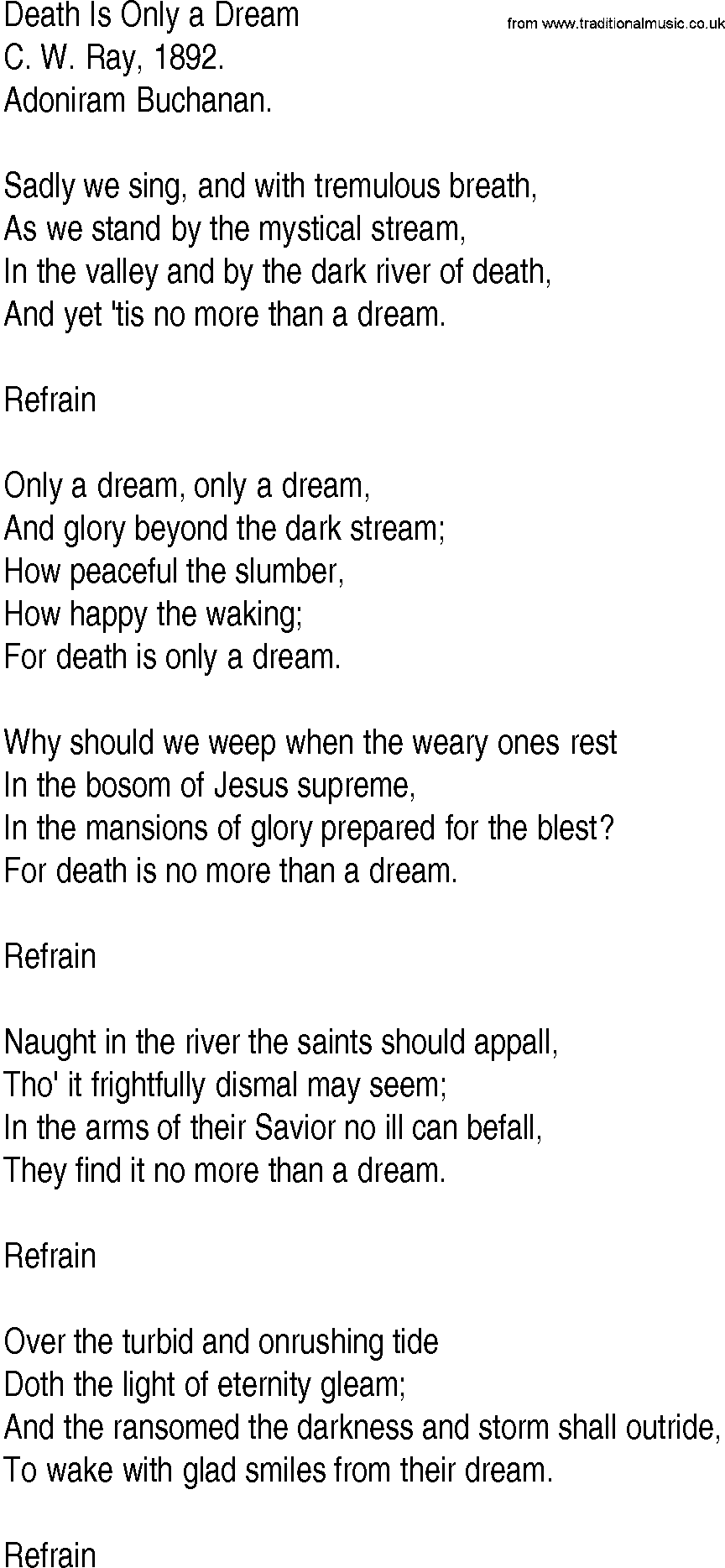 Hymn and Gospel Song: Death Is Only a Dream by C W Ray lyrics