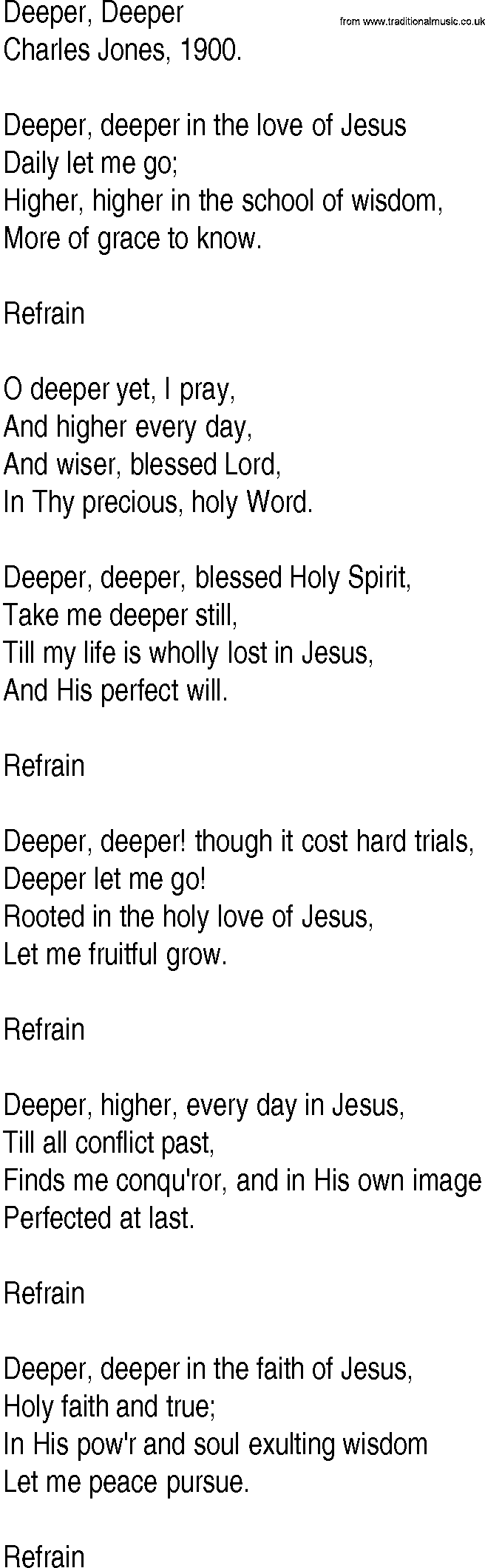 Hymn and Gospel Song: Deeper, Deeper by Charles Jones lyrics
