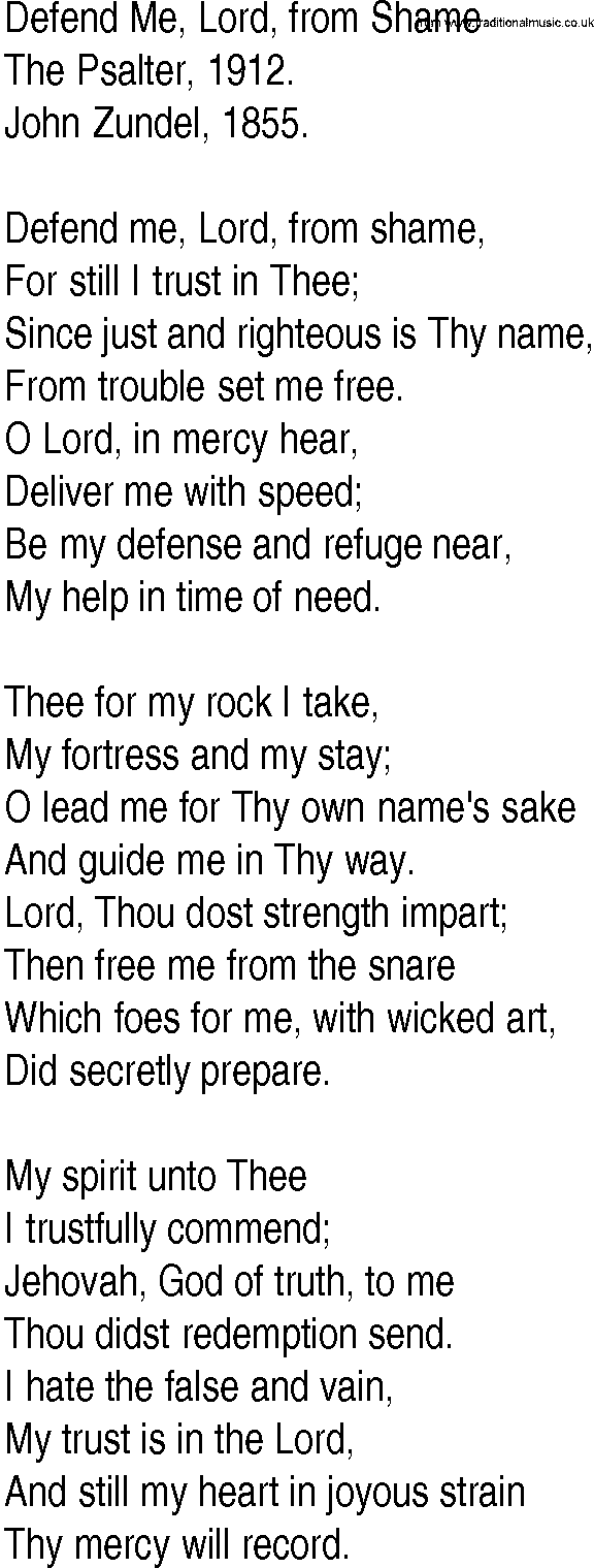 Hymn and Gospel Song: Defend Me, Lord, from Shame by The Psalter lyrics