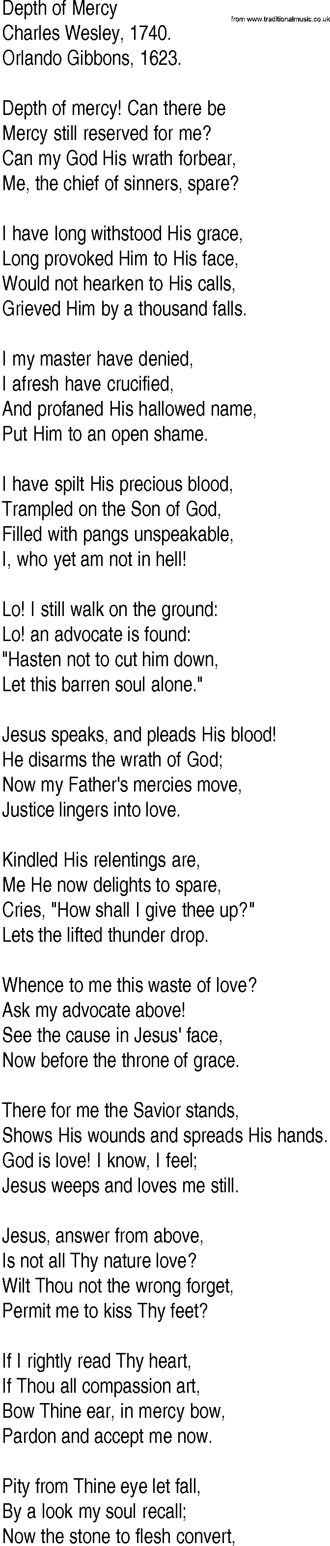 Hymn and Gospel Song: Depth of Mercy by Charles Wesley lyrics
