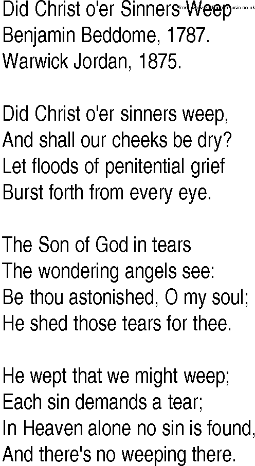 Hymn and Gospel Song: Did Christ o'er Sinners Weep by Benjamin Beddome lyrics