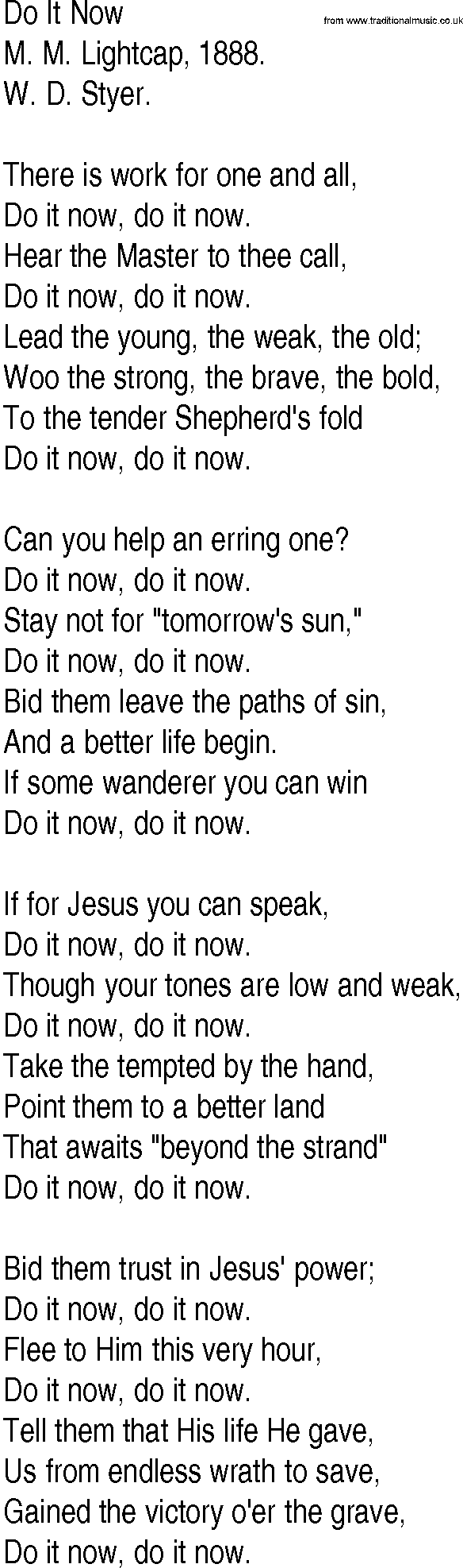 Hymn and Gospel Song: Do It Now by M M Lightcap lyrics