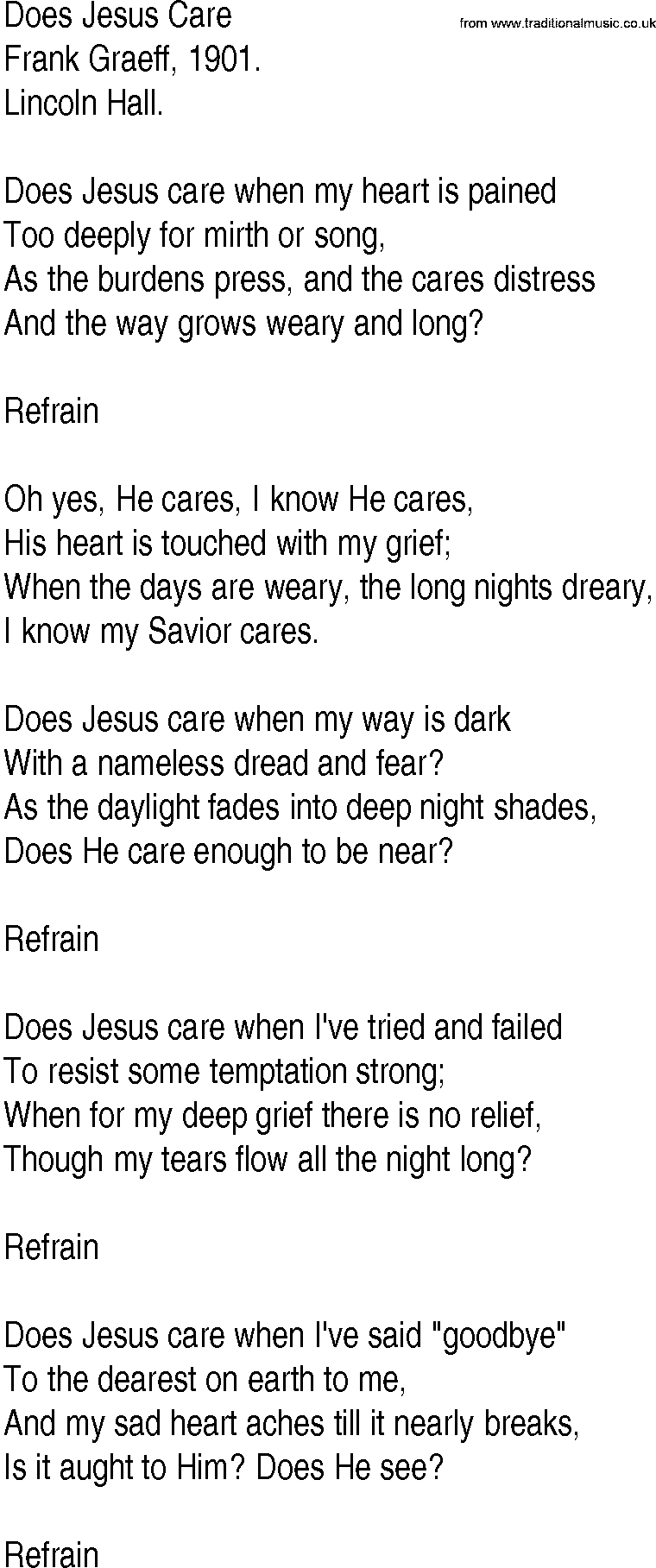 Hymn and Gospel Song: Does Jesus Care by Frank Graeff lyrics